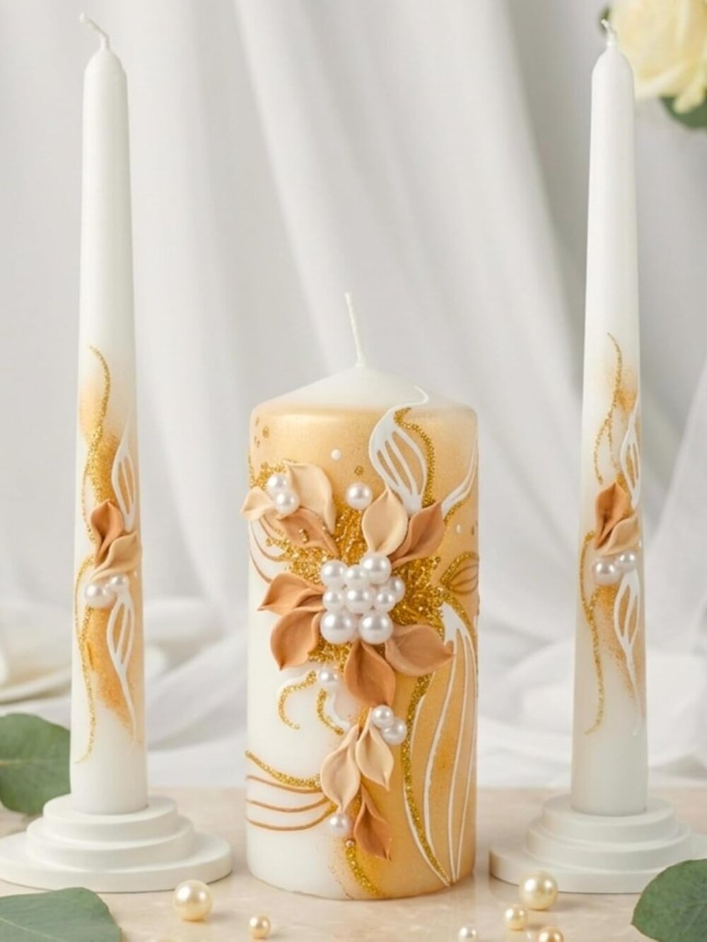 Golden Blossom Unity Candle Set for Wedding Ceremony & Reception, White & Gold W